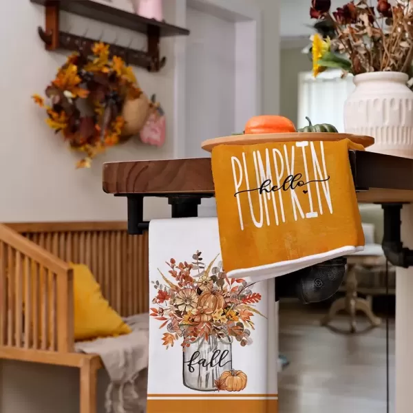 imageARKENY Fall Kitchen Towels for Fall DecorOrange Hello Pumpkin Vase Leaves Autumn Dish Towels 18x26 Inch Set of 2Farmhouse Home Thanksgiving Harvest Vintage Decorations AD347