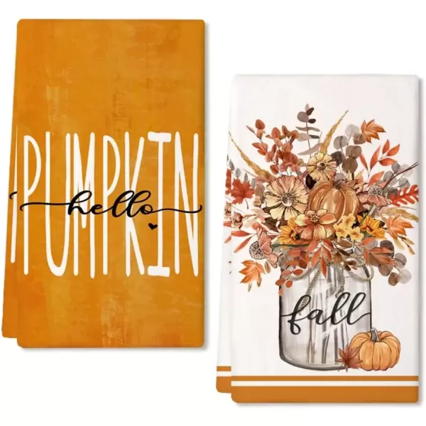 imageARKENY Fall Kitchen Towels for Fall DecorOrange Hello Pumpkin Vase Leaves Autumn Dish Towels 18x26 Inch Set of 2Farmhouse Home Thanksgiving Harvest Vintage Decorations AD347