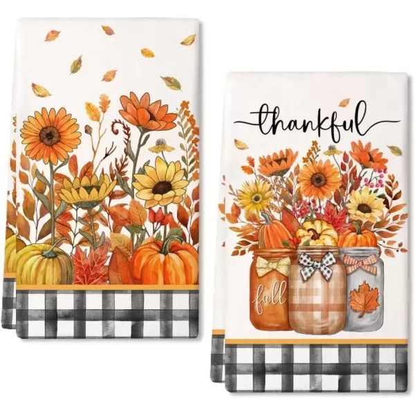 imageARKENY Fall Kitchen Towels for Fall DecorOrange Pumpkin Flower Vase Buffalo Plaid Thankful Autumn Dish Towels 18x26 Inch Set of 2Farmhouse Home Thanksgiving Harvest Vintage Decorations AD339