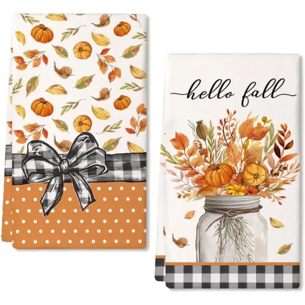 imageARKENY Fall Kitchen Towels for Fall DecorOrange Pumpkin Leaves Vase Autumn Dish Towels 18x26 Inch Set of 2Farmhouse Home Thanksgiving Harvest Vintage Decorations AD337