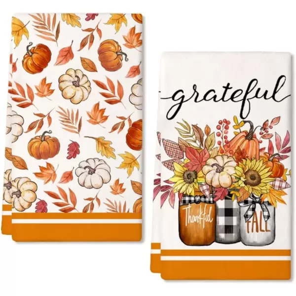 imageARKENY Fall Kitchen Towels for Fall DecorOrange Pumpkin Maple Leaves Grateful Autumn Dish Towels 18x26 Inch Set of 2Farmhouse Home Thanksgiving Harvest Vintage Decorations AD346