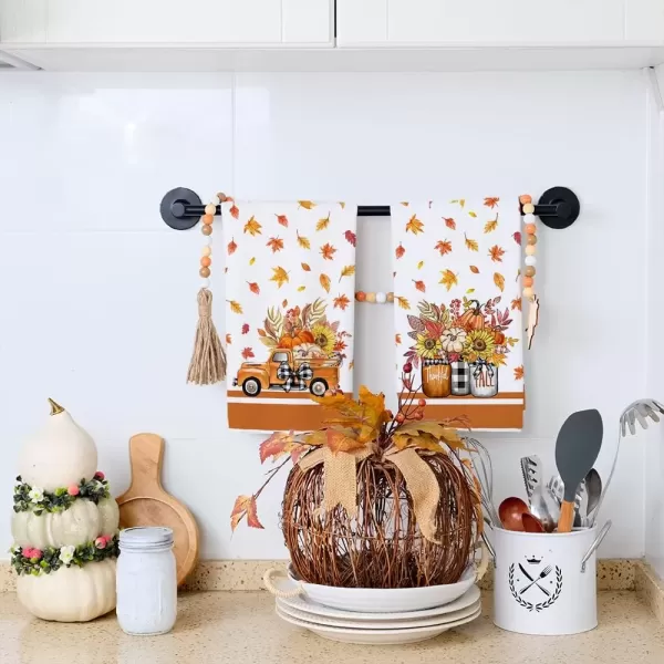 imageARKENY Fall Kitchen Towels for Fall DecorOrange Pumpkin Truck Maple Leaves Autumn Dish Towels 18x26 Inch Set of 2Farmhouse Home Thanksgiving Harvest Vintage Decorations AD351