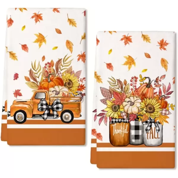 imageARKENY Fall Kitchen Towels for Fall DecorOrange Pumpkin Truck Maple Leaves Autumn Dish Towels 18x26 Inch Set of 2Farmhouse Home Thanksgiving Harvest Vintage Decorations AD351