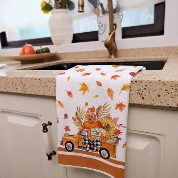 imageARKENY Fall Kitchen Towels for Fall DecorOrange Pumpkin Truck Maple Leaves Autumn Dish Towels 18x26 Inch Set of 2Farmhouse Home Thanksgiving Harvest Vintage Decorations AD351