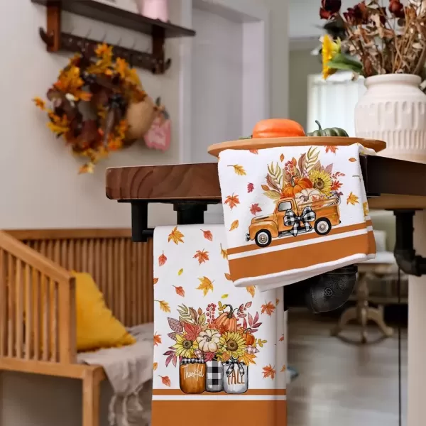 imageARKENY Fall Kitchen Towels for Fall DecorOrange Pumpkin Truck Maple Leaves Autumn Dish Towels 18x26 Inch Set of 2Farmhouse Home Thanksgiving Harvest Vintage Decorations AD351
