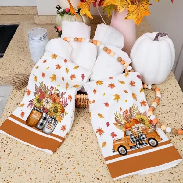 imageARKENY Fall Kitchen Towels for Fall DecorOrange Pumpkin Truck Maple Leaves Autumn Dish Towels 18x26 Inch Set of 2Farmhouse Home Thanksgiving Harvest Vintage Decorations AD351