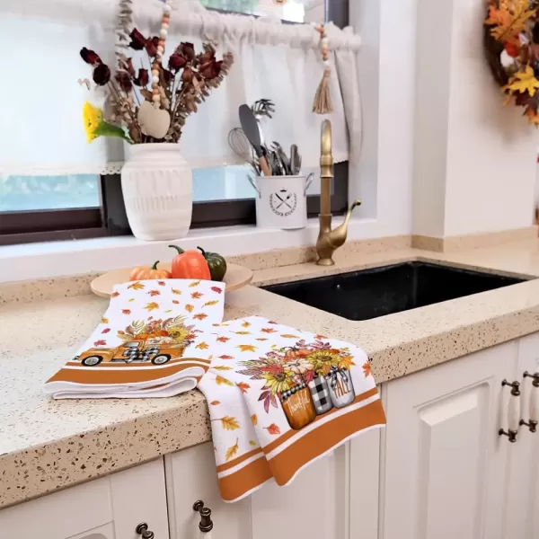imageARKENY Fall Kitchen Towels for Fall DecorOrange Pumpkin Truck Maple Leaves Autumn Dish Towels 18x26 Inch Set of 2Farmhouse Home Thanksgiving Harvest Vintage Decorations AD351