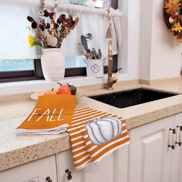 imageARKENY Fall Kitchen Towels for Fall DecorOrange Stripe Hello White Pumpkin Autumn Dish Towels 18x26 Inch Set of 2Farmhouse Home Thanksgiving Harvest Vintage Decorations AD348