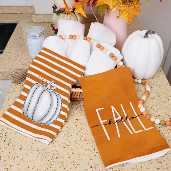 imageARKENY Fall Kitchen Towels for Fall DecorOrange Stripe Hello White Pumpkin Autumn Dish Towels 18x26 Inch Set of 2Farmhouse Home Thanksgiving Harvest Vintage Decorations AD348
