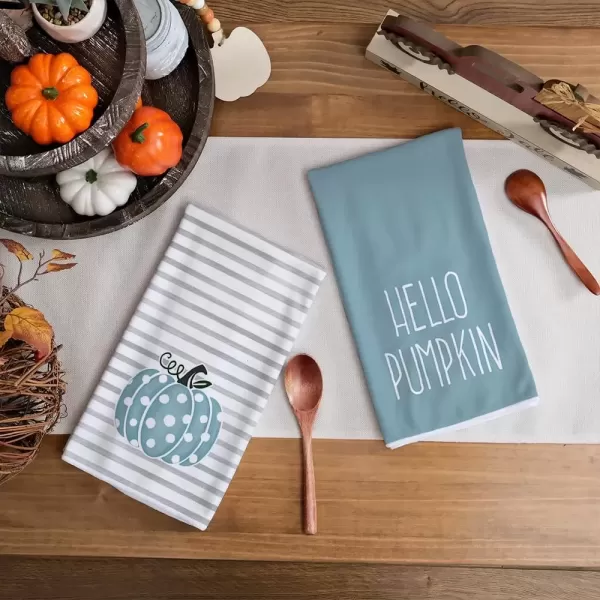 imageARKENY Hello Pumpkin Fall Kitchen Towels Set of 2Blue Polka dot Stripes Autumn Dish Towels 18x26 InchFarmhouse Home Indoor Thanksgiving Harvest Seasonal Vintage Decorations AD090Blue