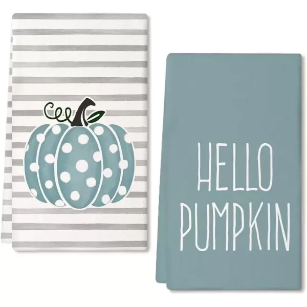 imageARKENY Hello Pumpkin Fall Kitchen Towels Set of 2Blue Polka dot Stripes Autumn Dish Towels 18x26 InchFarmhouse Home Indoor Thanksgiving Harvest Seasonal Vintage Decorations AD090Blue