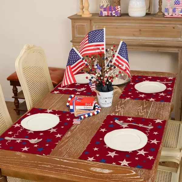 imageARKENY 4th of July Memorial Day Placemats 12x18 Inches Set of 4 America Star Holiday Farmhouse Red Burlap Indoor Kitchen Dining Patriotic Independence Table Mats Decor for Home Party AP6184