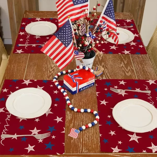 imageARKENY 4th of July Memorial Day Placemats 12x18 Inches Set of 4 America Star Holiday Farmhouse Red Burlap Indoor Kitchen Dining Patriotic Independence Table Mats Decor for Home Party AP6184