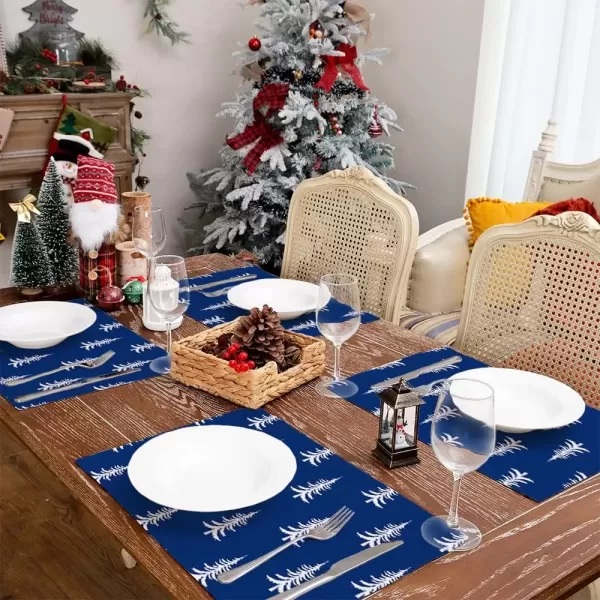 imageARKENY Christmas Placemats 12x18 Inches Set of 4 White Tree Blue Xmas Winter Holiday Burlap Farmhouse Burlap Indoor Table Mats Decorations for Home Party AP6444Blue