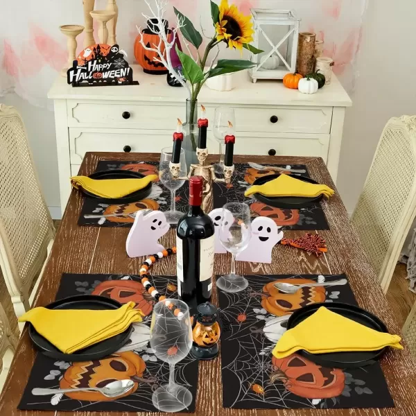 imageARKENY Halloween Placemats 12x18 Inches Set of 4 Pumpkin Spider Web Black Holiday Burlap Farmhouse Burlap Indoor Table Mats Decorations for Home Party AP50518