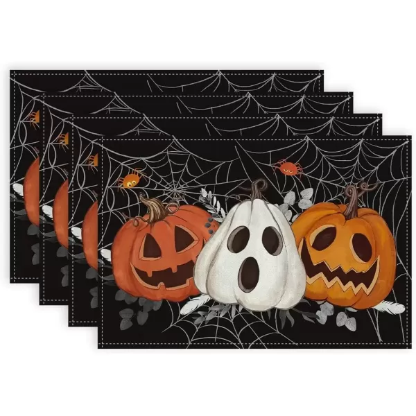 imageARKENY Halloween Placemats 12x18 Inches Set of 4 Pumpkin Spider Web Black Holiday Burlap Farmhouse Burlap Indoor Table Mats Decorations for Home Party AP50518