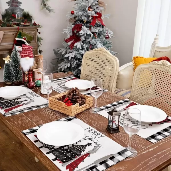imageARKENY Merry Christmas Placemats 12x18 Inches Set of 4 Xmas Tree Seasonal Farmhouse Burlap Buffalo Plaid Indoor Kitchen Dining Table Decorations for Home Party AP19318