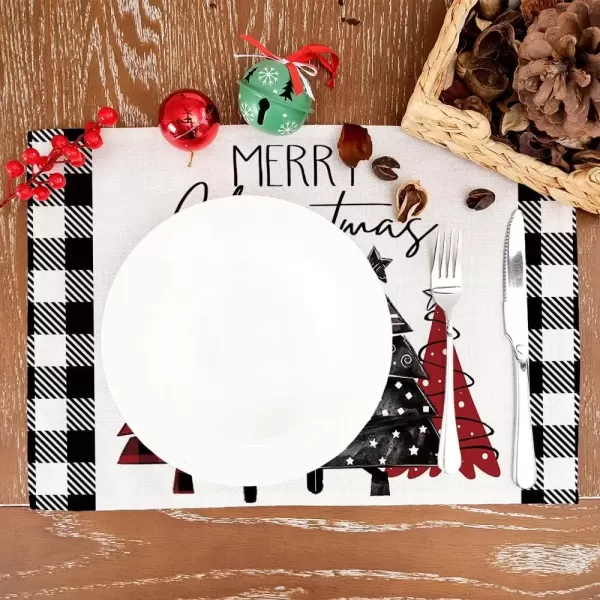 imageARKENY Merry Christmas Placemats 12x18 Inches Set of 4 Xmas Tree Seasonal Farmhouse Burlap Buffalo Plaid Indoor Kitchen Dining Table Decorations for Home Party AP19318