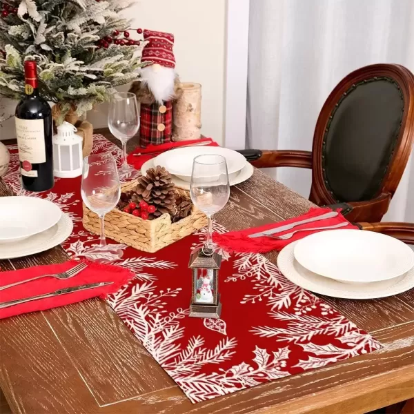 imageARKENY Christmas Leaf Red Floral Table Runner 13x72 Inches Winter Holiday Indoor Outdoor Table Decoration for HomeRed