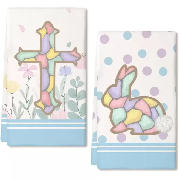 imageARKENY Easter Kitchen Towels Set of 2Pink Flower Cross Bunny Dish Towels 18x26 Inch Drying DishclothFarmhouse Holiday Seasonal Spring Decorations AD257