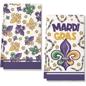 imageMardi Gras Kitchen Towels Set of 2Purple Fleur de lis Beads Dish Hand Towels Holiday Carnival New Orleans Seasonal Decorations DD070