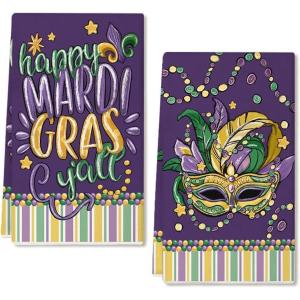 imageMardi Gras Kitchen Towels Set of 2Purple Mask Fleur de lis Beads Dish Hand Towels Holiday Carnival New Orleans Seasonal Decorations DD069