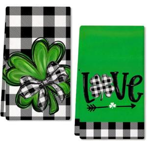 imageARKENY St Patricks Day Kitchen Towels Set of 2Black Buffalo Plaid Shamrock Bowknot St Patricks Day Dish Towels 18x26 Inch Drying DishclothFarmhouse Home Holiday Decorations AD200