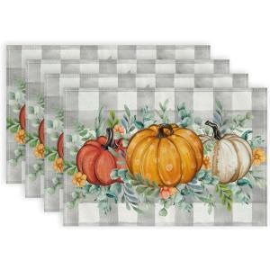 imageARKENY Fall Placemats 12x18 Inches Set of 4 Pumpkins Eucalyptus Leaves Autumn Seasonal Farmhouse Buffalo Plaid Burlap Indoor Outdoor Kitchen Dining Table Mats Decorations for Home Party AP6244Orange