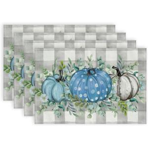 imageARKENY Fall Placemats 12x18 Inches Set of 4 Pumpkins Eucalyptus Leaves Autumn Seasonal Farmhouse Buffalo Plaid Burlap Indoor Outdoor Kitchen Dining Table Mats Decorations for Home Party AP6244Blue