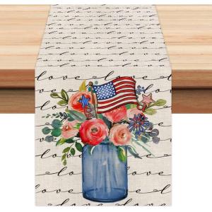 image4th of July Decorations Table Runners 13x72 Inches Memorial Day American Flag Stars and Stripes Patriotic Flower Love America Freedom Liberty Independence Day Decor AT199