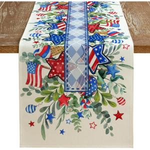 imageARKENY 4th of July Memorial Day Table Runner 13x72 Inches Eucalyptus Leaves American Flag Floral Holiday Farmhouse Burlap Indoor Patriotic Independence Table Decor for Home Party AT61572Table Runner  13X72