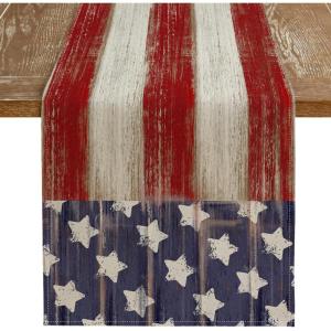 imageARKENY 4th of July Memorial Day Table Runner 13x72 Inches Star American Flag Holiday Farmhouse Stripe Burlap Indoor Kitchen Dining Patriotic Independence Table Decor for Home Party AT22072