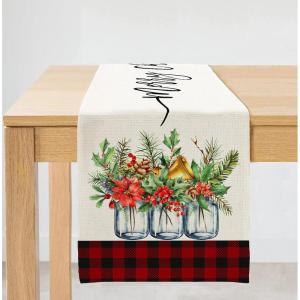 imageARKENY Merry Christmas Bottle Red Black Buffalo Plaid Table Runner 13x72 Inches Floral Winter Holiday Indoor Outdoor Table Decoration for Home