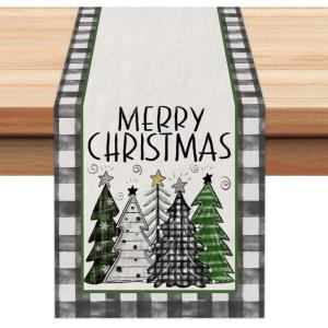 imageARKENY Merry Christmas Tree Buffalo Plaid Table Runner 13x72 Inches Green Winter Holiday Indoor Outdoor Table Decoration for HomeGreen