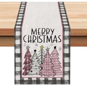 imageARKENY Merry Christmas Tree Buffalo Plaid Table Runner 13x72 Inches Green Winter Holiday Indoor Outdoor Table Decoration for HomePink