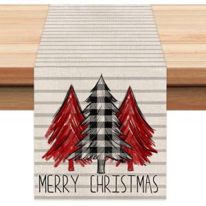 imageARKENY Merry Christmas Tree Table Runner 13x72 Inches Stripe Winter Holiday Indoor Outdoor Table Decoration for Home