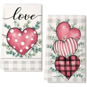 imagePink Buffalo Plaid Heart Love Valentines Day Kitchen Towels Set of 2Leaves Dish Hand Towels Holiday Anniversary Wedding Seasonal Decorations DD057Pink