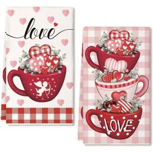 imagePink Buffalo Plaid Heart Love Valentines Day Kitchen Towels Set of 2Leaves Dish Hand Towels Holiday Anniversary Wedding Seasonal Decorations DD057Red Cups