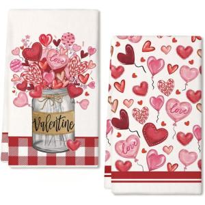 imageRed Love Vase Valentines Day Kitchen Towels Set of 2Heart Balloon Dish Hand Towels Holiday Anniversary Wedding Seasonal Decorations DD060