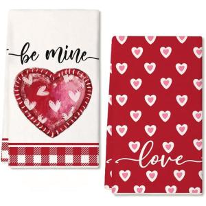 imageValentines Day Kitchen Towels Set of 2Red Love Heart Dish Hand Towels HolidayAnniversary Wedding Seasonal Decorations DD055