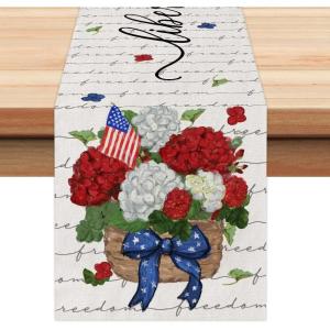 imageARKENY 4th of July Patriotic Table Runner 72 Inches Red Floral Flag American Independence Day Holiday Home Coffee Table Dining Farmhouse Party Tabletop Decoration AT41672