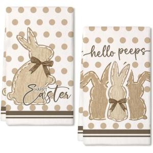 imageARKENY Easter Kitchen Towels Set of 2Beige Polka Dot Bunny Hello Peeps Dish Towels 18x26 Inch Drying DishclothFarmhouse Holiday Seasonal Spring Decorations AD237