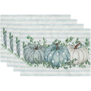 imageARKENY Fall Thanksgiving Placemats 12x18 Inches Set of 4Blue Pumpkin Polk DotsSeasonal Burlap Stripe Farmhouse Indoor Kitchen Dining Table Autumn Decoration for Home Party AP18218