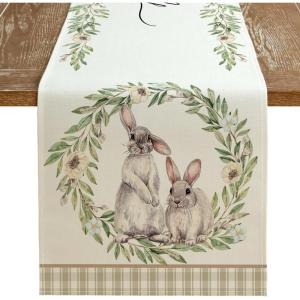 imageARKENY Happy Easter Table Runner 13x90 Inches Bunny Rabbit Leaf Floral Spring Holiday Farmhouse Buffalo Plaid Burlap Indoor Table Decorations for Home AT57390