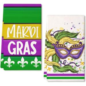 imageARKENY Mardi Gras Kitchen Towels Set of 2Green Fleur De Lis Eye Mask Dish Towels 18x26 Inch Drying DishclothFarmhouse Home Mardi Gras Carnival Seasonal Holiday Decorations AD194