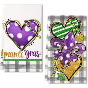 imageARKENY Mardi Gras Kitchen Towels Set of 2Purple Fleur De Lis White Polka dot Beads Dish Towels 18x26 Inch Drying DishclothFarmhouse Home Mardi Gras Carnival Seasonal Holiday Decorations AD192Purple Heart