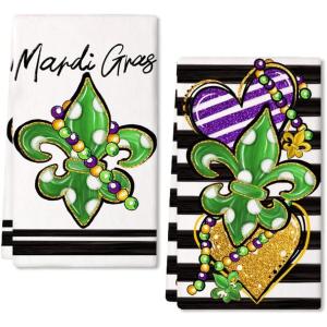 imageARKENY Mardi Gras Kitchen Towels Set of 2Purple Fleur De Lis White Polka dot Beads Dish Towels 18x26 Inch Drying DishclothFarmhouse Home Mardi Gras Carnival Seasonal Holiday Decorations AD192Green Fleur De Lis