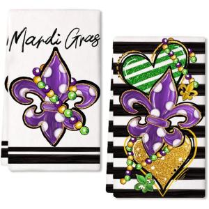 imageARKENY Mardi Gras Kitchen Towels Set of 2Purple Fleur De Lis White Polka dot Beads Dish Towels 18x26 Inch Drying DishclothFarmhouse Home Mardi Gras Carnival Seasonal Holiday Decorations AD192Purple Fleur De Lis