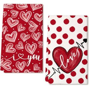imageARKENY Mothers Day Kitchen Towels Set of 2Red Polka dot Heart I Love U Sign Dish Towels 18x26 Inch Drying DishclothFarmhouse Home Wedding Decoration AD173