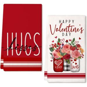 imageARKENY Valentine Day Kitchen Towels Set of 2Black Buffalo Plaid Flower Vase Dish Towels 18x26 Inch Drying DishclothFarmhouse Home Wedding Decoration AD180